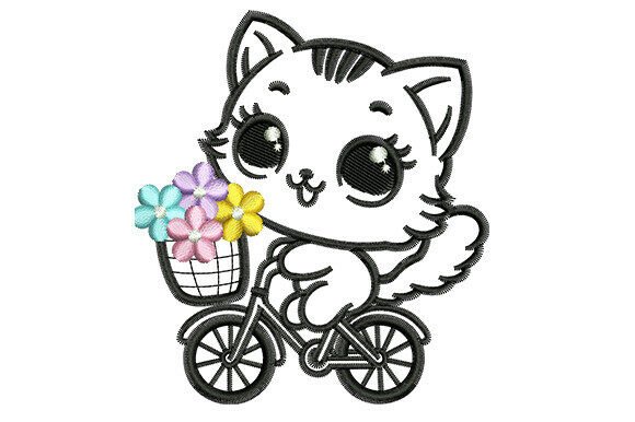 Charming Cute Cat on Bicycle Embroidery Design