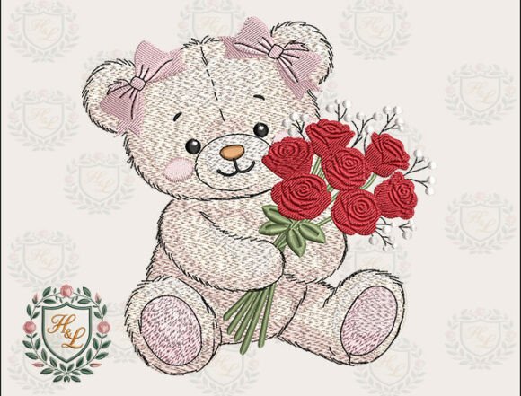 Charming Girly Bear Rose Embroidery Files
