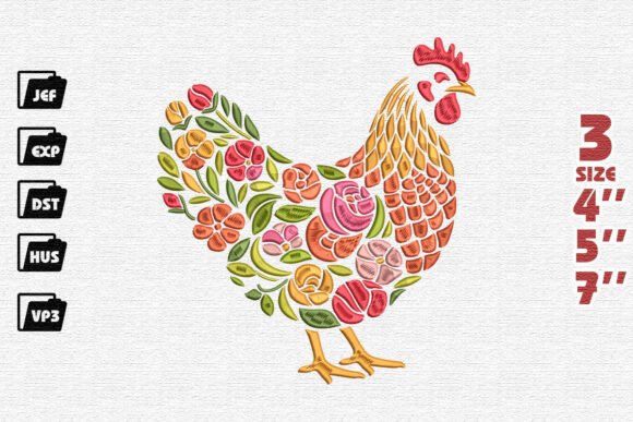 Colorful Folk Art Chicken Embroidery for Personalized Gifts