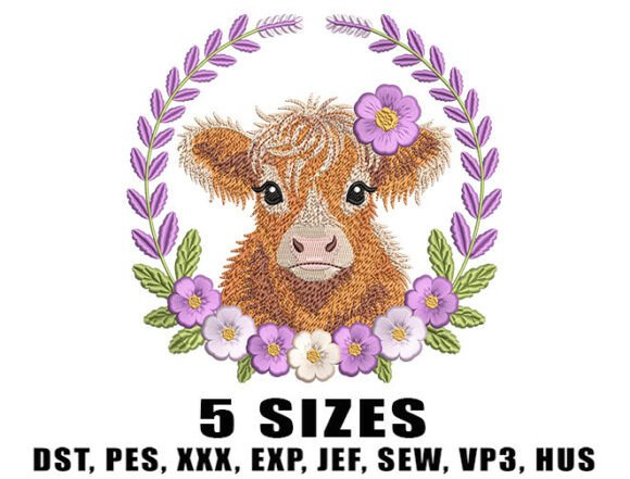 Highland Cow Embroidery Design with Lavender Flowers