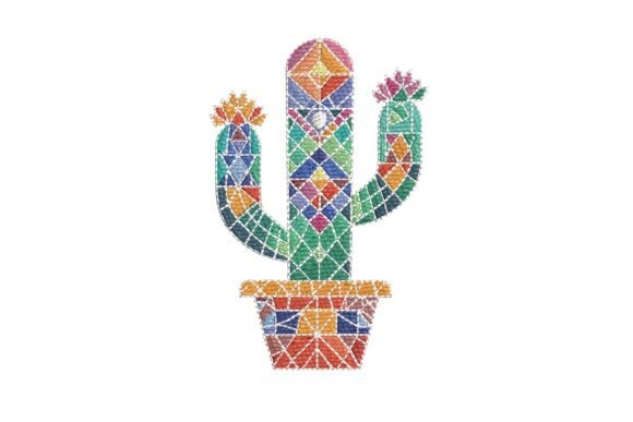 Vibrant Mosaic Cactus Embroidery Design